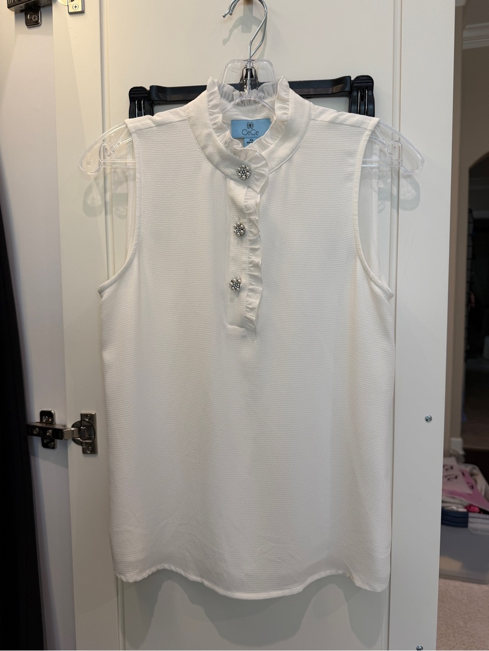 CeCe White Ruffled Collar Sleeveless Top with Embellished Buttons